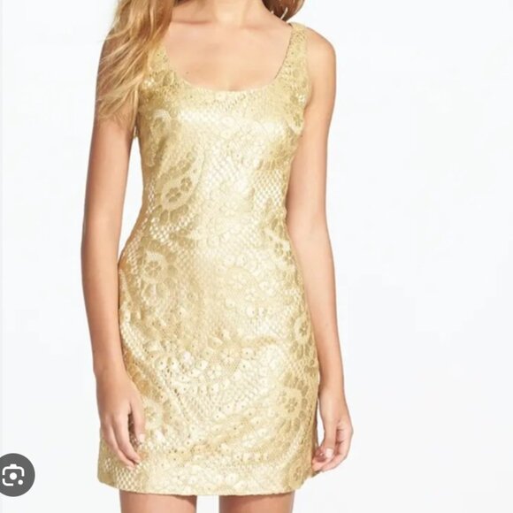 Lilly Pulitzer Dresses & Skirts - Lilly Pulitzer Eaton Dress Womens 6 Gold Metallic Lace Sleeveless Shift Party
